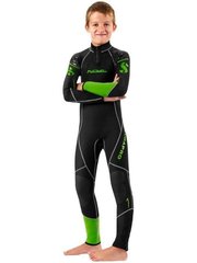 , Black / Green, For diving, Wet wetsuit, Children, Monocoat, 2.5 mm, For warm water, Without a helmet, Behind, Neoprene, Nylon