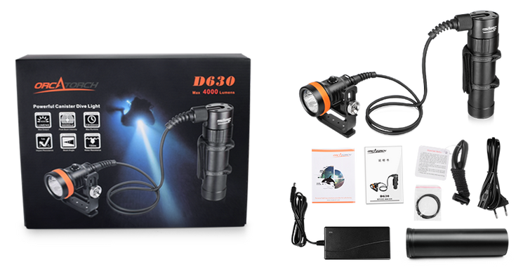 , For diving, from 900 lm, LED light, Battery, In hand, Metal, Canister