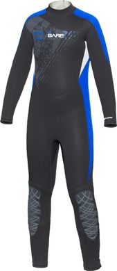 , Black / Blue, For diving, Wet wetsuit, Children, Monocoat, 5/4, For warm water, Without a helmet, Behind, Neoprene, Nylon, 8